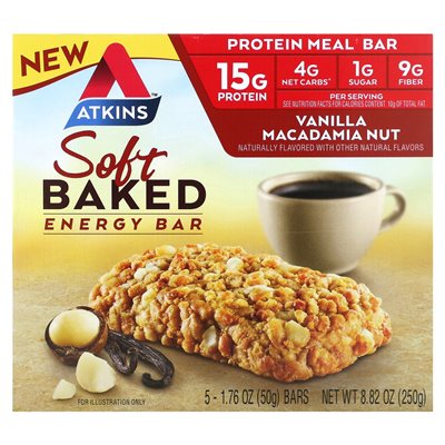 Atkins, miękka pieczona energia, waniliowa nakrętka makadamia, 5 prętów, 1,76 uncji (50 g) każdy