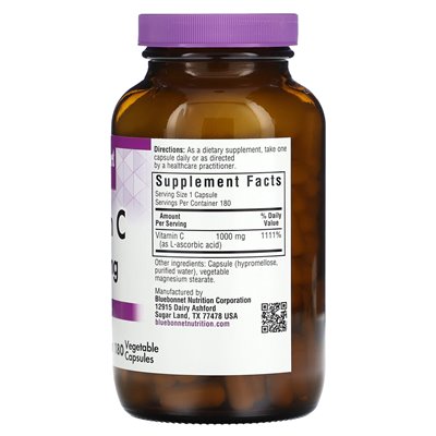Bluebonnet Nutrition, witamina C, 1000 mg, 180 kapsułek warzywnych