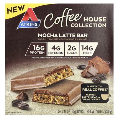 Atkins, Kolekcja kawiarni, Mocha Latte Bar, 5 barów, 2,12 uncji (60 g)