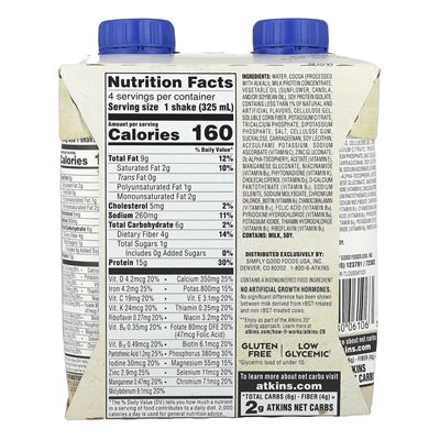 Atkins, bogaty w białko Shake, ciemna czekolada Royale, 4 koktajle, 11 Fl Oz (325 ml)