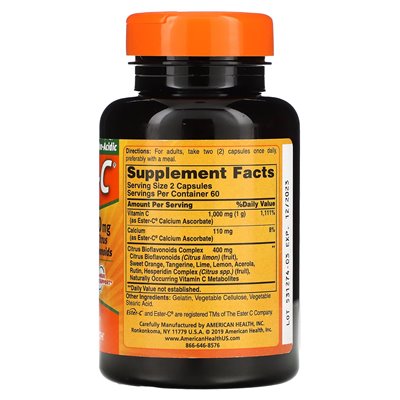 American Health, Ester-C z bioflawonoidami cytrusowymi, 1000 mg, 120 kapsułek (500 mg na kapsułkę)