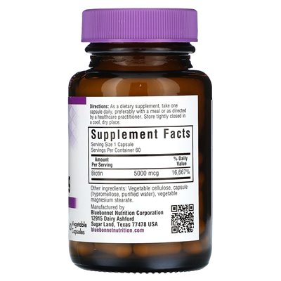 Bluebonnet Nutrition, Biotyny, 5,000 mcg, 60 Wegetariańskich Kapsułek Bluebonnet Nutrition, Biotyny, 5,000 mcg, 60 Wegetariańskich Kapsułek