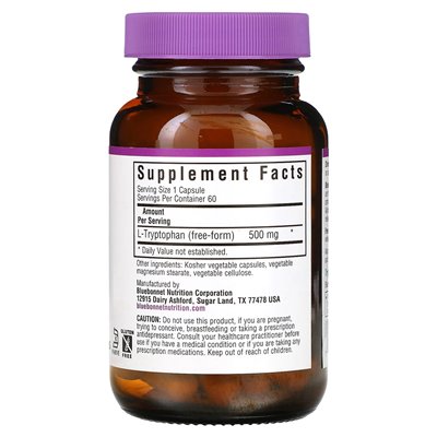 Bluebonnet Nutrition, L-Tryptofan, 500 mg, 60 kapsułek warzywnych