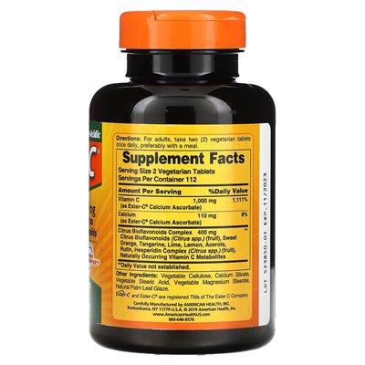 American Health, Ester-C z bioflawonoidami cytrusowymi, 500 mg, 225 tabletek wegetariańskich