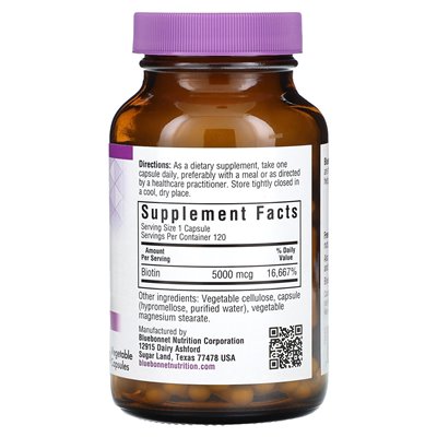 Bluebonnet Nutrition, Biotyna, 5000 mcg, 120 kapsułek warzywnych