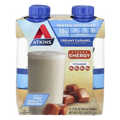 Atkins, Shake bogaty w białko, kremowy karmel, 4 koktajle, 11 Fl Oz (325 ml)