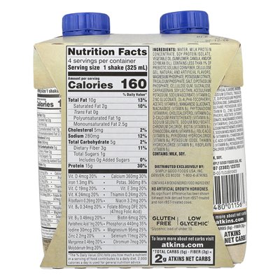 Atkins, Shake bogaty w białko, kremowy karmel, 4 koktajle, 11 Fl Oz (325 ml)