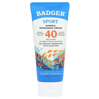 Badger, Sport, Mineral Suncreen Cream, SPF 40, Bezcenzie, 2,9 fl oz (87 ml)