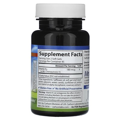 Carlson Vitamin K2 180 mcg 90 softgels (90 mcg per softgel)
