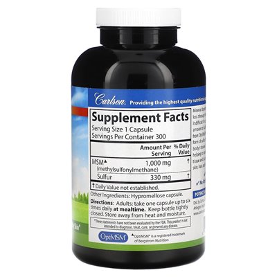 Carlson, MSM Sulphur, 1000 mg, 300 kapsułek wegetariańskich Carlson, MSM Sulphur, 1000 mg, 300 kapsułek wegetariańskich