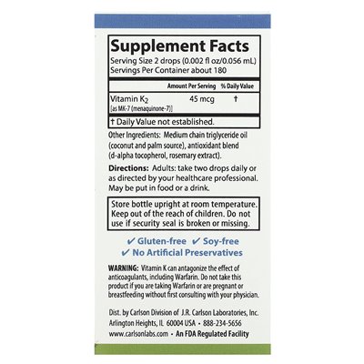 Carlson, Super Daily® K2, 45 mcg, 0,34 Fl Oz (10,16 ml) Carlson, Super Daily® K2, 45 mcg, 0,34 Fl Oz (10,16 ml)