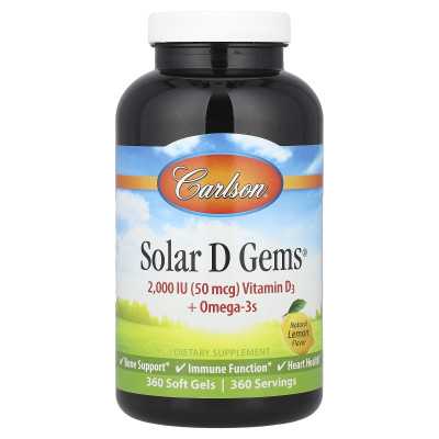 Carlson, Solar D GEMS®, Vitamin D3 + Omega-3S, Natural Lemon, 360 Softgels