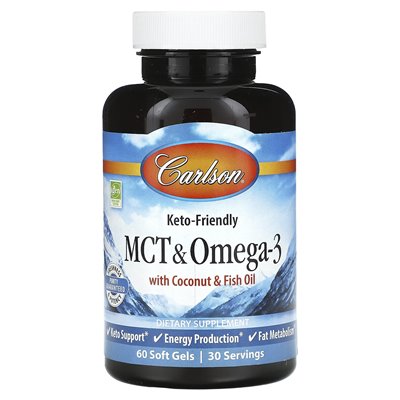 Carlson, MCT i Omega-3 z olejem kokosowym i rybnym, 60 miękkich żeli
