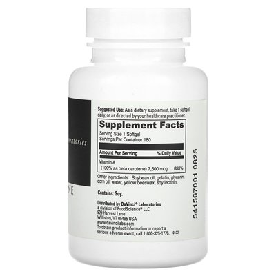DaVinci Laboratories of Vermont, Beta Carotene, 7500 McG, 180 Softgels