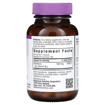 Bluebonnet Nutrition, Vitamin B2, 100 mg, 100 vegetarische Kapseln