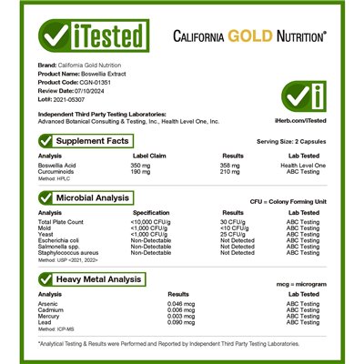 California Gold Nutrition, Boswellia-Extrakt und Kurkuma-Extrakt, 500 mg, 120 Gemüsekapseln (250 mg pro Kapsel)