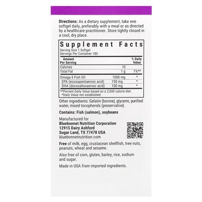 Bluebonnet Nutrition, Omega-3-Lachsfischöl, 1000 mg, 180 mg