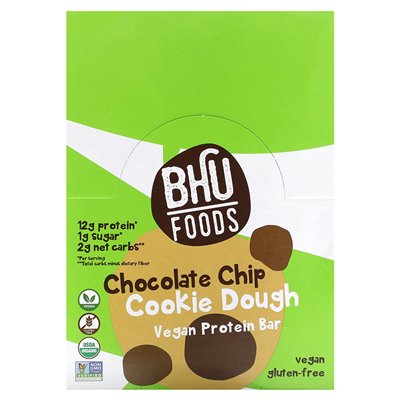 BHU Foods, wegański proteinowy bar, ciasto z kawałkami czekolady, 12 barów, 1,6 uncji (45 g)