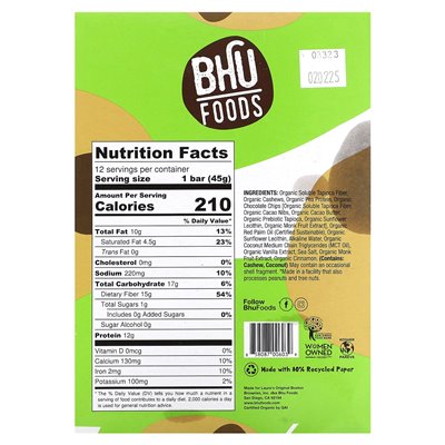 BHU Foods, wegański proteinowy bar, ciasto z kawałkami czekolady, 12 barów, 1,6 uncji (45 g)