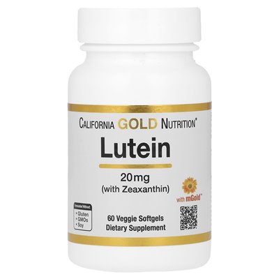 California Gold Nutrition, luteina z zeaksantyną, 20 mg, 60 wegetariańskich miękkich