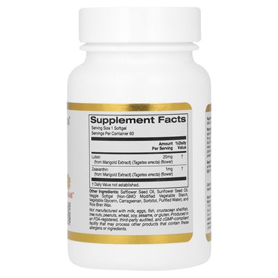 California Gold Nutrition, luteina z zeaksantyną, 20 mg, 60 wegetariańskich miękkich