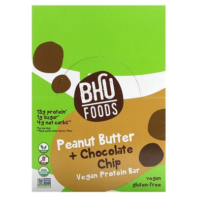 BHU Foods, veganer Proteinriegel, Erdnussbutter + Schokoladenstückchen, 12 Riegel, 1,6 oz (45 g)