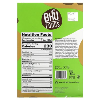 BHU Foods, veganer Proteinriegel, Erdnussbutter + Schokoladenstückchen, 12 Riegel, 1,6 oz (45 g)