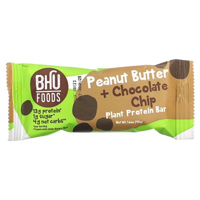 BHU Foods, veganer Proteinriegel, Erdnussbutter + Schokoladenstückchen, 12 Riegel, 1,6 oz (45 g)