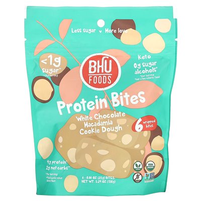 BHU Foods, Protein Bites, Weiße Schokolade-Macadamia-Kuchen, 6 verpackte Bites, je 0,88 oz (25 g)