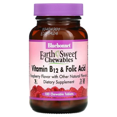 Bluebonnet Nutrition, Earthsweet Chewables, witamina B-12 i kwas foliowy, malina, 180 tabletek do żucia Bluebonnet Nutrition, Earthsweet Chewables, witamina B-12 i kwas foliowy, malina, 180 tabletek do żucia
