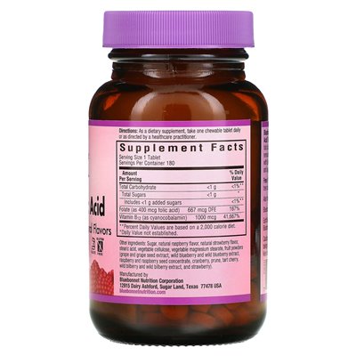 Bluebonnet Nutrition, Earthsweet Chewables, witamina B-12 i kwas foliowy, malina, 180 tabletek do żucia Bluebonnet Nutrition, Earthsweet Chewables, witamina B-12 i kwas foliowy, malina, 180 tabletek do żucia