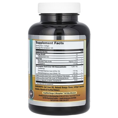 Amazing Nutrition, norwegisches Lebertran, frische Orange, 1250 mg, 120 Weichkapseln