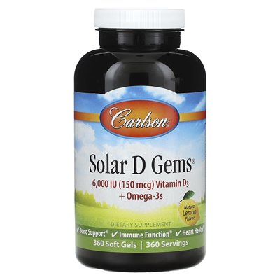 Carlson, Solar D GEMS®, witamina D3 + Omega-3S, naturalna cytryna, 360 miękkich żeli