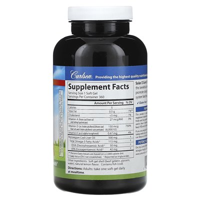 Carlson, Solar D GEMS®, witamina D3 + Omega-3S, naturalna cytryna, 360 miękkich żeli