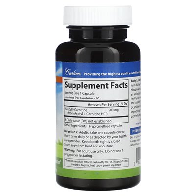 Carlson, acetyl-l-karnityna, 500 mg, 60 kapsułek wegetariańskich Carlson, acetyl-l-karnityna, 500 mg, 60 kapsułek wegetariańskich