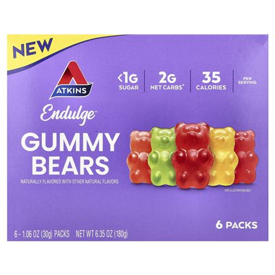 Atkins, Endulge ™, gumowate niedźwiedzie, 6 opakowań, 1,06 uncji (30 g) Atkins, Endulge ™, gumowate niedźwiedzie, 6 opakowań, 1,06 uncji (30 g)