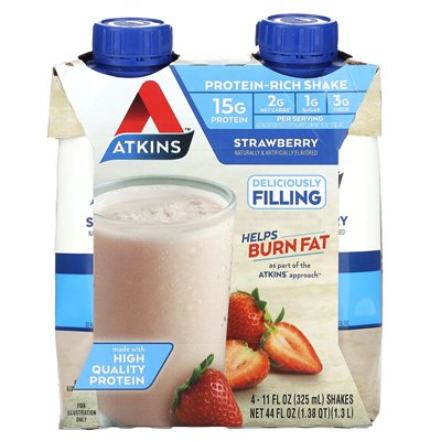 Atkins, Shake bogactwa w białka, truskawka, 4 koktajle, 11 fl oz (325 ml)