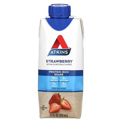 Atkins, Shake bogactwa w białka, truskawka, 4 koktajle, 11 fl oz (325 ml)