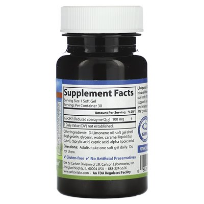 Carlson, COQH2 Ubiquinol, 100 mg, 30 miękkich żeli