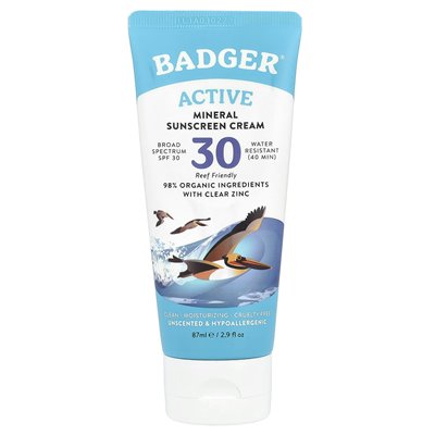 Badger, Active, Mineral Suncreen Cream, SPF 30, bezzapachowy, 2,9 fl oz (87 ml)