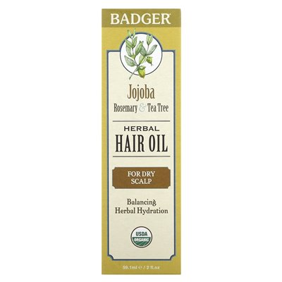 Badger Company, Ziołowy Olej do Włosów, Jojoba Rozmaryn i Tea Tree, 2 uncje fl (59.1 ml) Badger Company, Ziołowy Olej do Włosów, Jojoba Rozmaryn i Tea Tree, 2 uncje fl (59.1 ml)