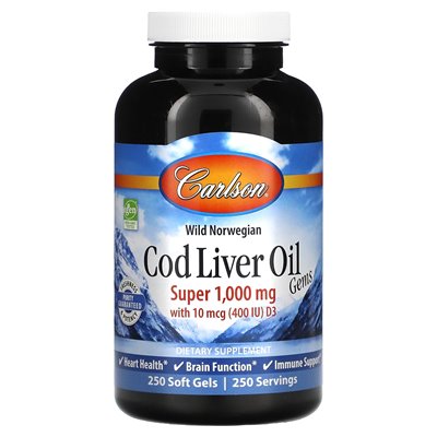 Carlson, Wild Norwegian, Cod Liver Oil Gems, 1000mg, 250 Softgels