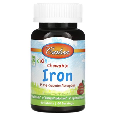 Carlson, dzieciak, żelaza do żucia, naturalna truskawka, 15 mg, 60 tabletek