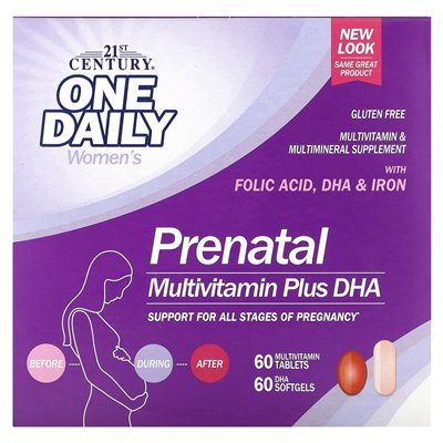 XXI wiek, prenatalna multiwitamina plus DHA, 2 butelki, 60 tabletek / 60 miękkich XXI wiek, prenatalna multiwitamina plus DHA, 2 butelki, 60 tabletek / 60 miękkich
