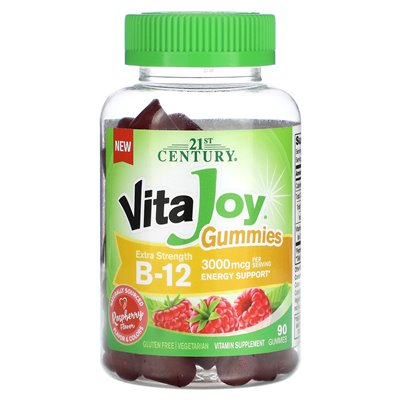 21st Century, VitAjoy Gummies, B-12, dodatkowa siła, malina, 3000 mcg, 90 gummy (1500 mcg na gumy)