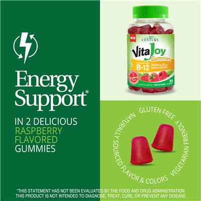 21st Century, VitAjoy Gummies, B-12, dodatkowa siła, malina, 3000 mcg, 90 gummy (1500 mcg na gumy)