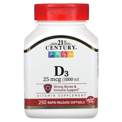 XXI wiek, witamina D3, 25 mcg (1000 IU), 250 Soft Release Softgels