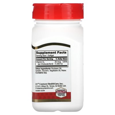 21st Century, Vitamin D3, 25 mcg (1000 IE), 250 Softgel-Kapseln