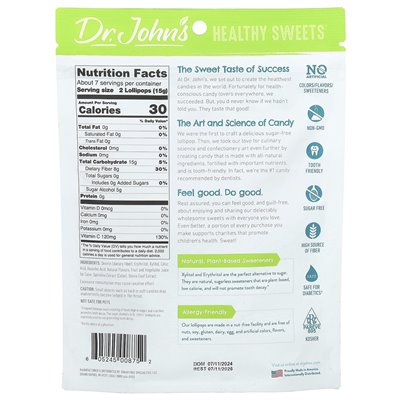 Dr. John's Healthy Sweets, Lollipops, + Fiber & Vitamin C, Blue Raspberry, Grape & Cherry, 3.70 oz (105 g)