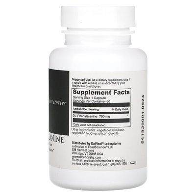 DaVinci Laboratories of Vermont, DL-Fenyloalanina, 750 mg, 60 kapsułek
